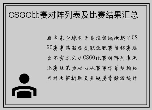 CSGO比赛对阵列表及比赛结果汇总