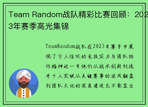 Team Random战队精彩比赛回顾：2023年赛季高光集锦